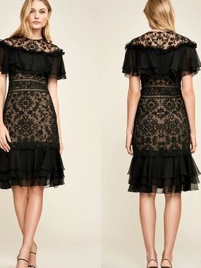 Tadashi Shoji Black Lace Overlay Ruffle Dress
